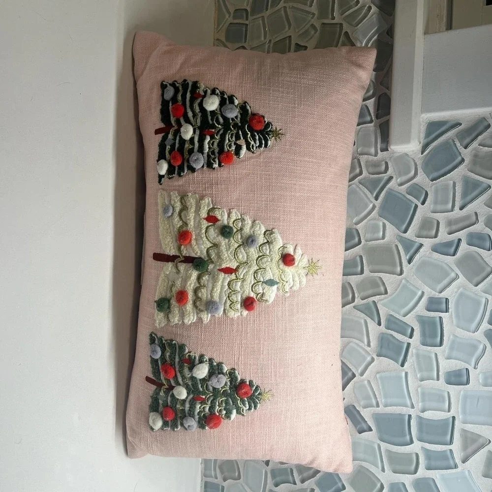 Christmas Pillows embroidered pink green tree and blue and wite snowman scene